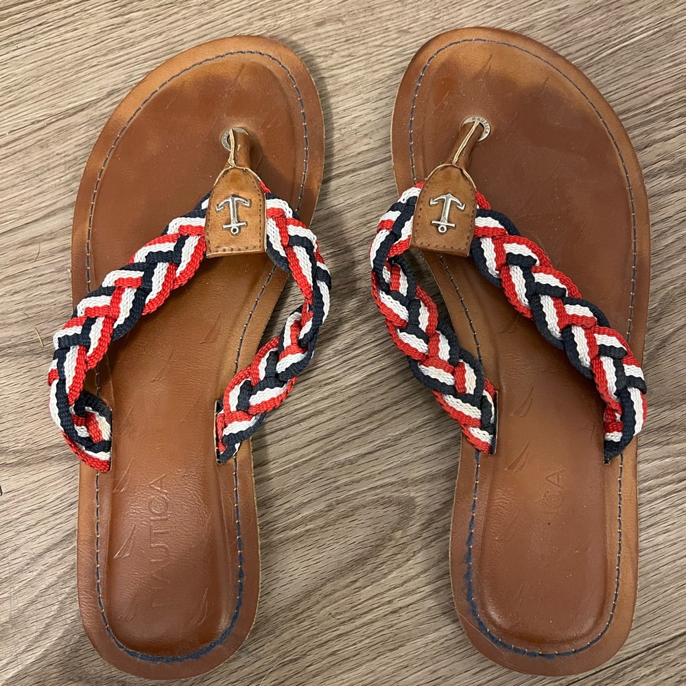 NAUTICA red, white, and blue flip flops